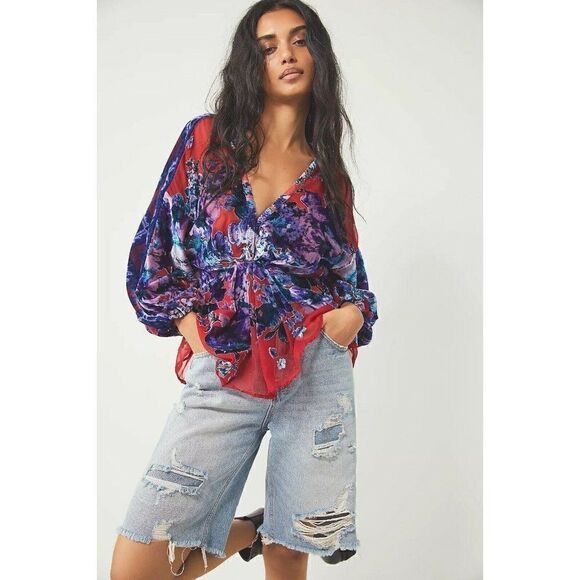 Free People Tops - NWT FREE PEOPLE BONNIE BURNOUT VELVET TOP IN RED COMBO